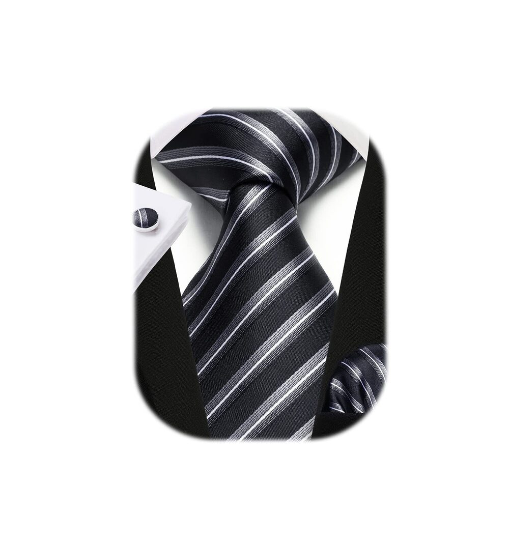 7467 Black White Ties Stripe Ties and Pocket Square Set Classic Silk Woven